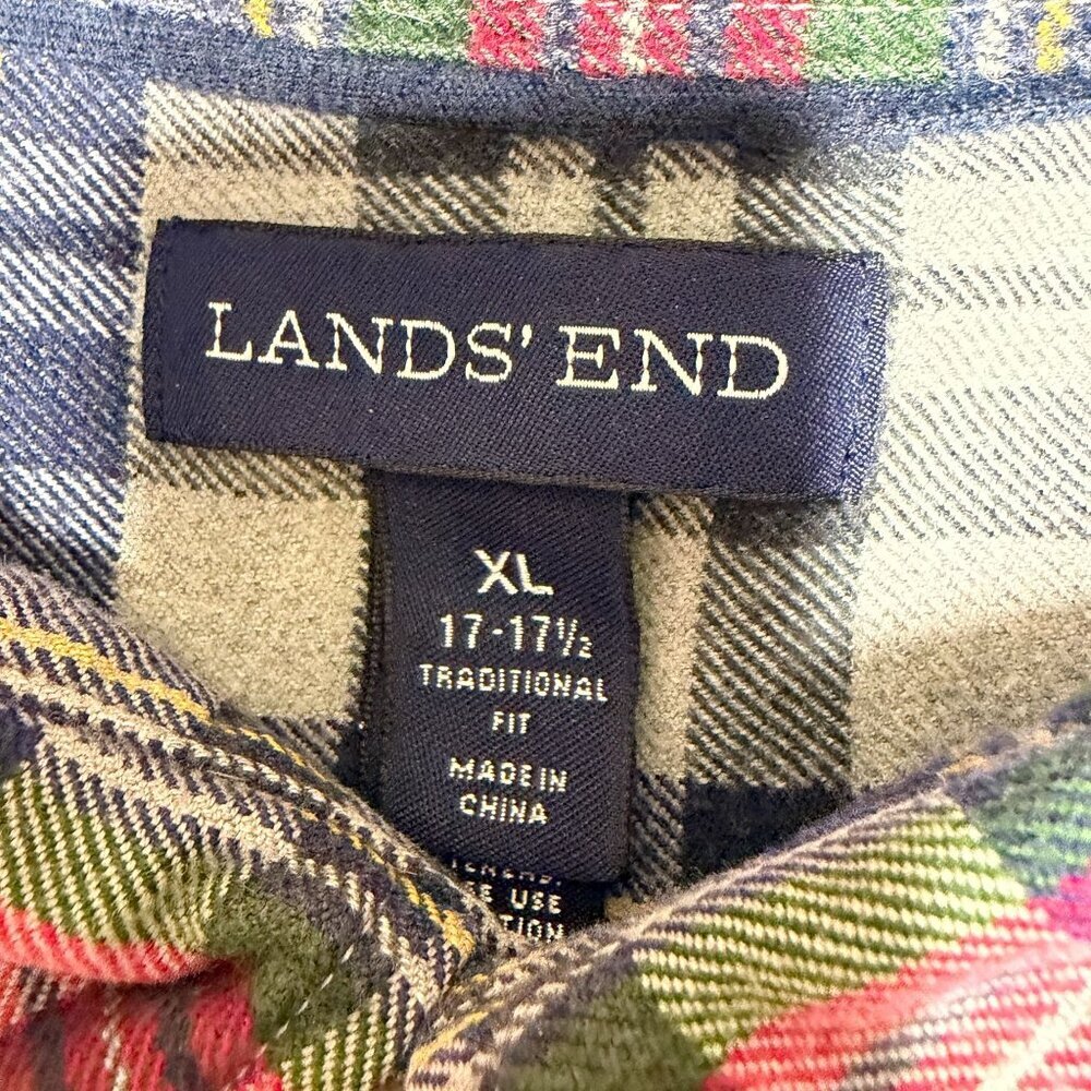 Lands' End Flannel Plaid Button Down Size XL Red Gray Blue - Picture 4 of 5